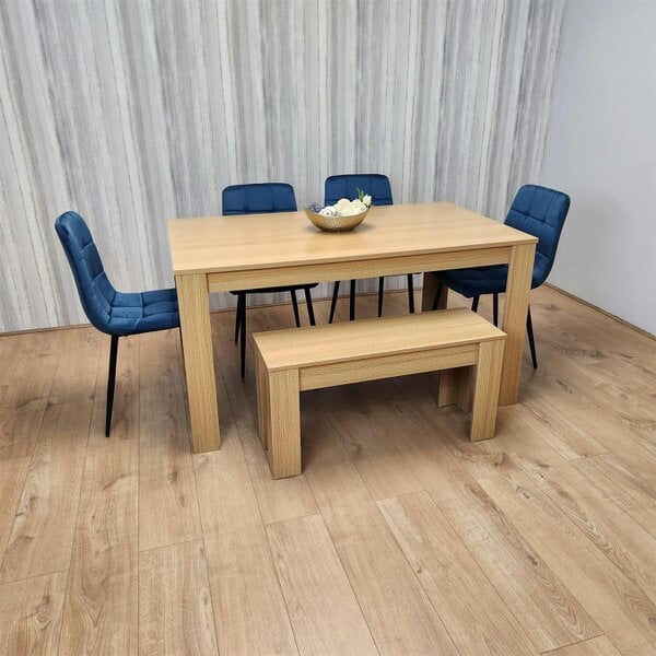 KOSY KOALA 6 Seater Modern Light Wood Dining Table Set with 4 Blue Velvet Chairs and Bench H75 x L140 x W80 cm