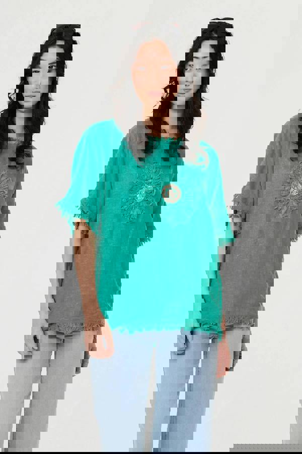 Blue | Frayed Edge Floral Embellished Top