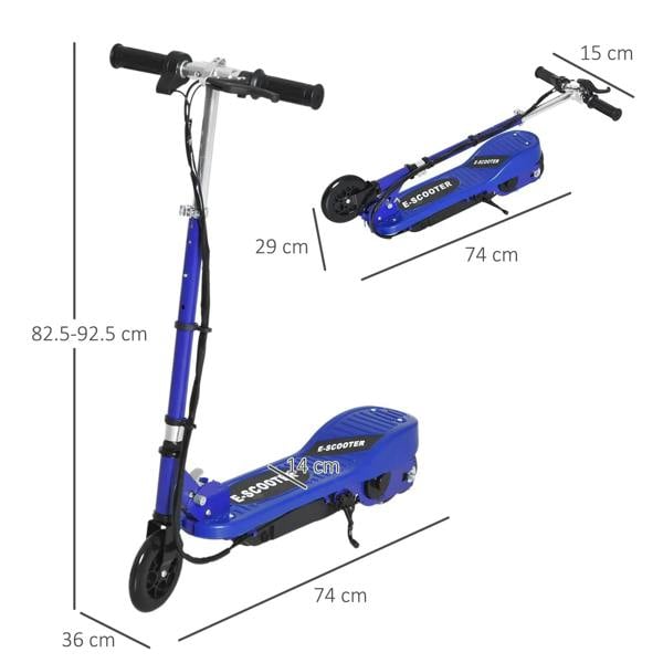 Blue folding electric kids scooter with black wheels and foldable frame