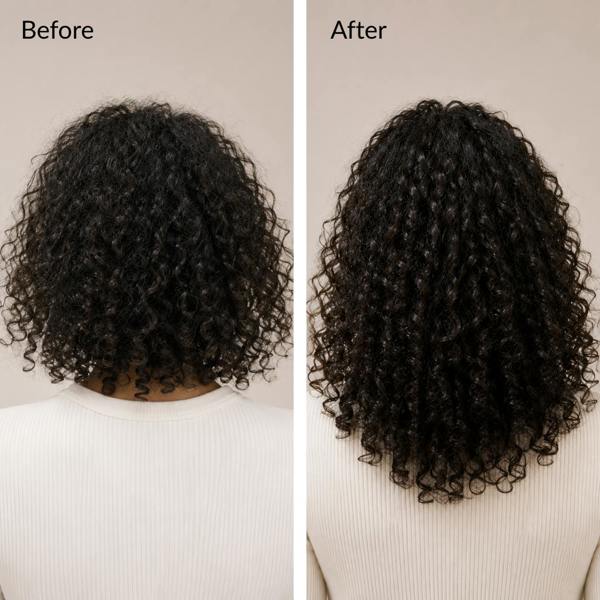 Before and after comparison of curly hair on a person wearing a white shirt. Before and after hair growth transformation using rosemary hair oil