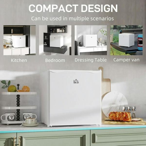 Cream compact mini fridge on a countertop with front door and top lid