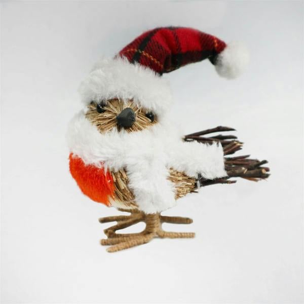 13cm Robin Christmas Tabletop Decoration with Furry Hat and Scarf, Rustic Straw and Jute Finish image 1