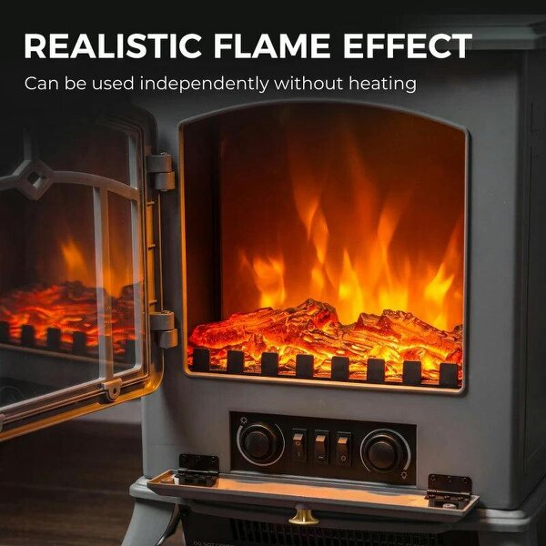 Electric Fireplace Stove, 1000W/2000W, Electric Fire Heater with LED Flame Effect, Adjustable Thermostat, Grey