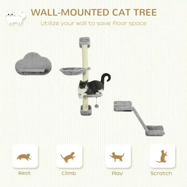 Gray wall-mounted cat tree with hammock, ladder, and multiple level platforms