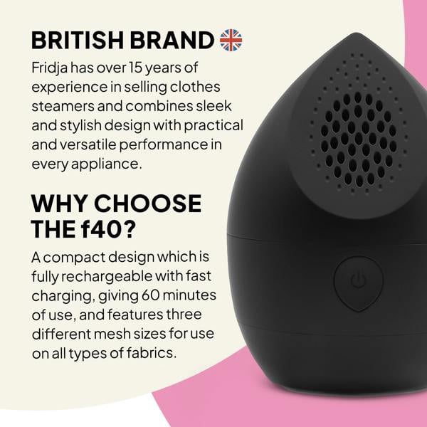 A sleek black Fridja Commercial Garment Care Duo – f1600 Steamer & f40 Fabric Shaver features a power button, speaker-like vents, British design, fast charging, 60-min use, and three mesh sizes for garment care.