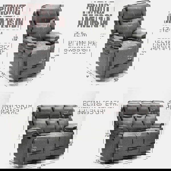 Furniture One Manual Recliners Sofa Set,105–135 Degrees Recliner Padded Sofa with Adjustable Backrest