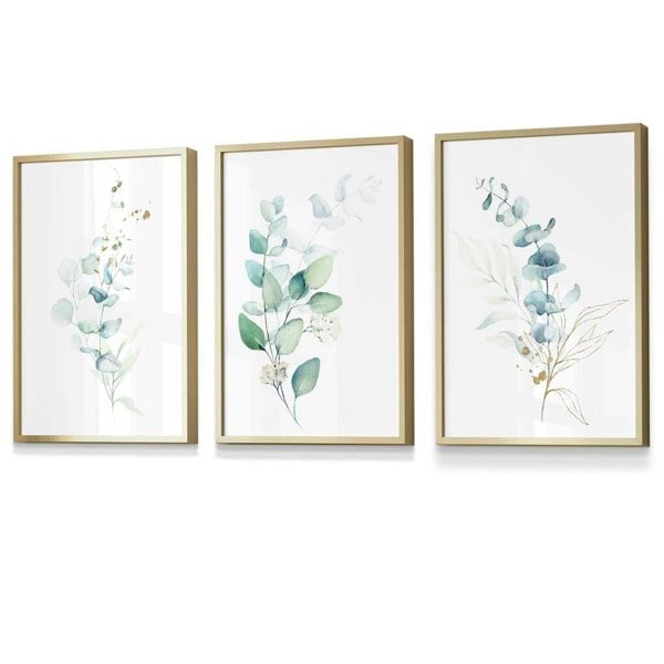 Artze Wall Art Set of 3 Framed Eucalyptus Blue Green and Gold Splash Prints