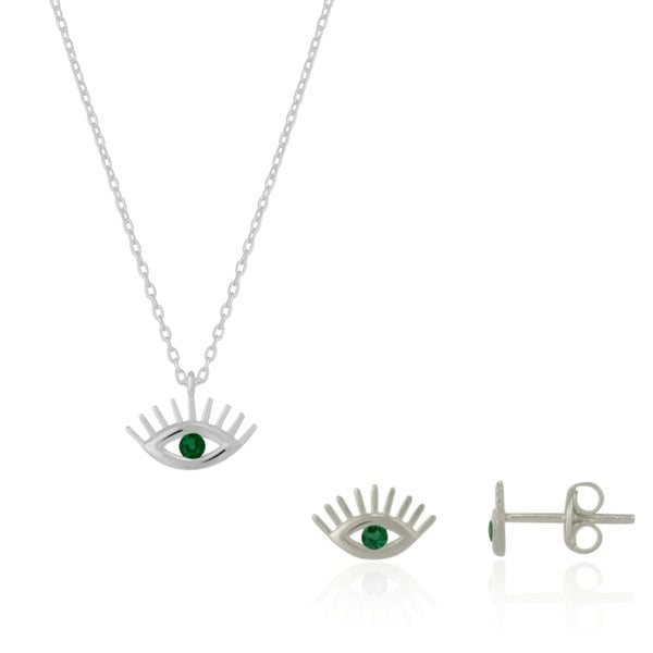 Spero London Emerald Eye Evil Eye Sterling Silver Necklace and Stud Earring Set