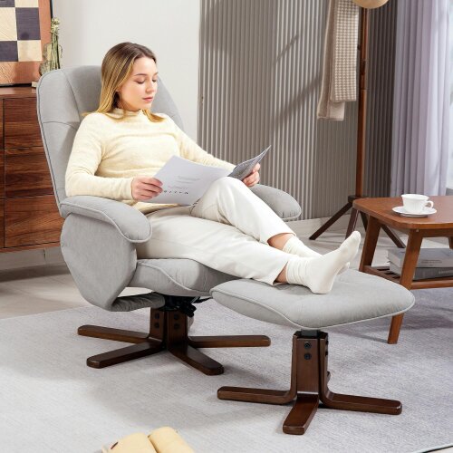 HOMCOM Swivel Recliner Chair and Footstool Linen-touch Fabric - Linen (100% polyester), eucalyptus wood - Contemporary