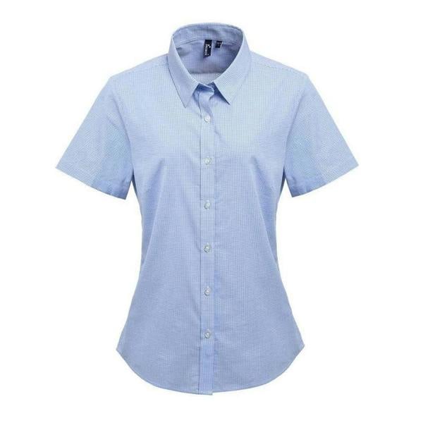 Premier Womens/Ladies Gingham Short-Sleeved Shirt - Light Blue/White