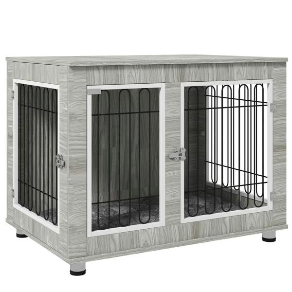 Grey indoor dog kennel with soft cushion, front and side double doors, black wire panels