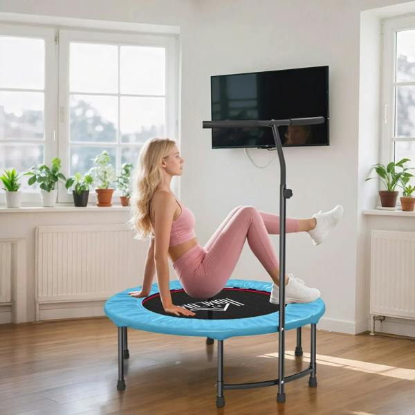 Blue fitness trampoline with adjustable handle while kneeling indoor exercise