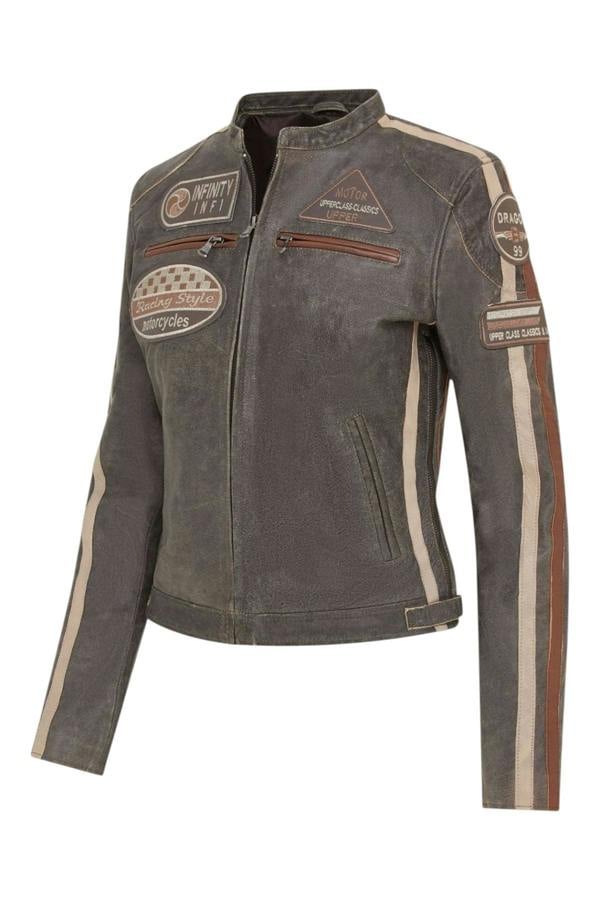 Infinity Leather Womens Leather Biker Racing Badges Jacket-Agadir