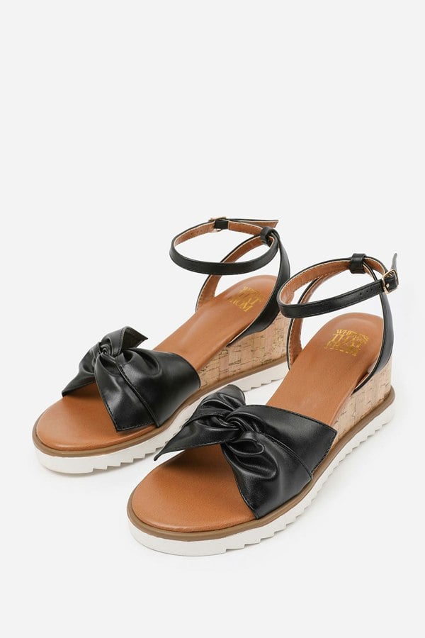 Where's That From Katara Knot Detail Wedge Shoes With Buckle Ankle Strap in Black Pu