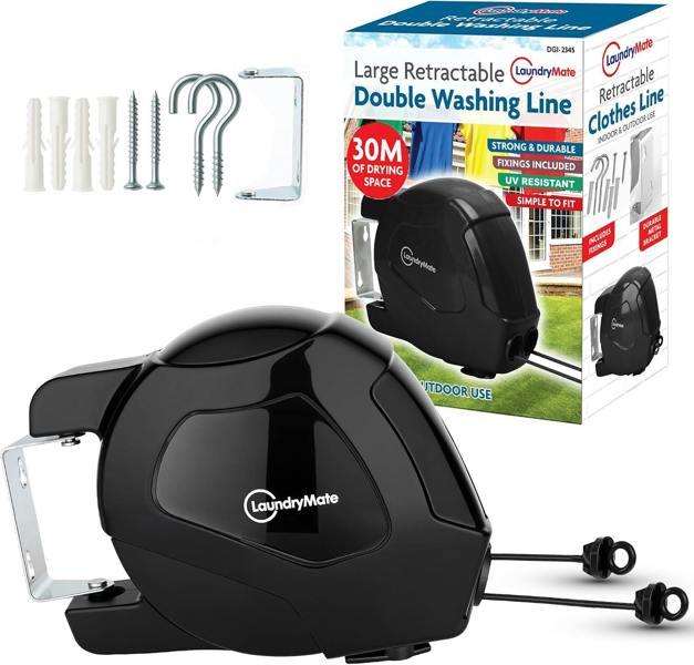 Laundry Mate Retractable Washing line – Duo Reels 30 & 26M Heavy Duty Extendable Washing Line with Twin Cable & Wall Mounted