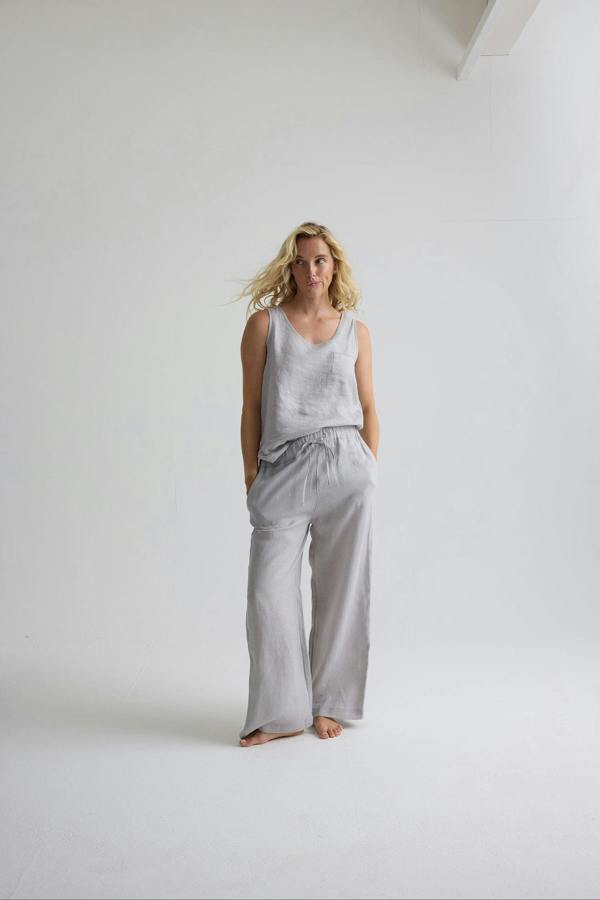 Pretty You London Relaxed Linen Wide Leg Trousers In Harbor Mist