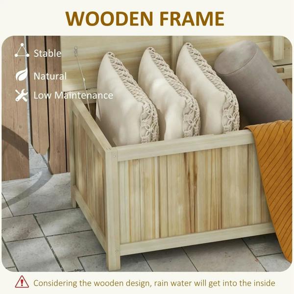 Natural wooden storage box with solid frame, hinged lid open, decorative pillows inside