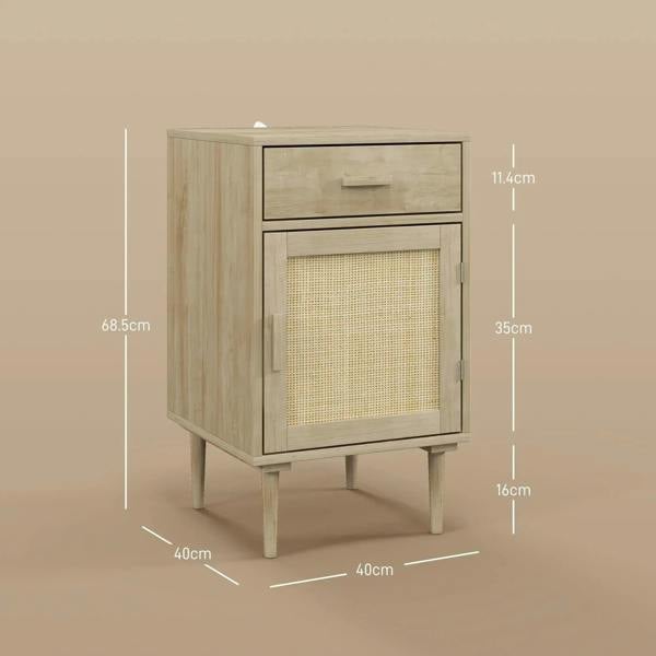 Rattan bedside cabinet with drawer and rattan panel door, shown with size guides.