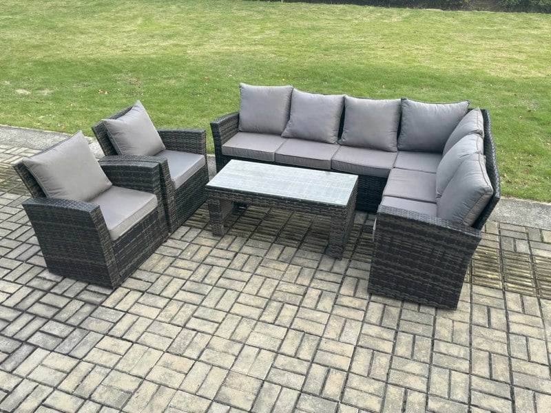 Fimous 8 Seat Rattan Garden Furniture Set with Corner Sofa, 2 Chairs & Coffee Table - Dark Grey
