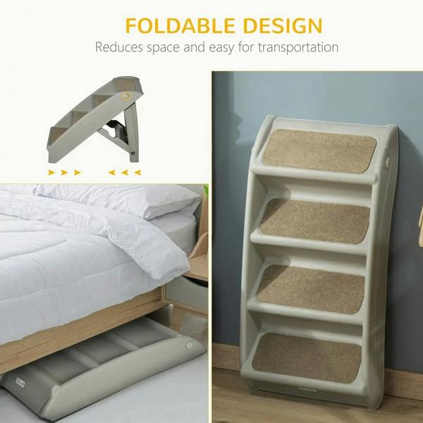 Foldable grey pet stairs with carpeted steps and built-in side rails