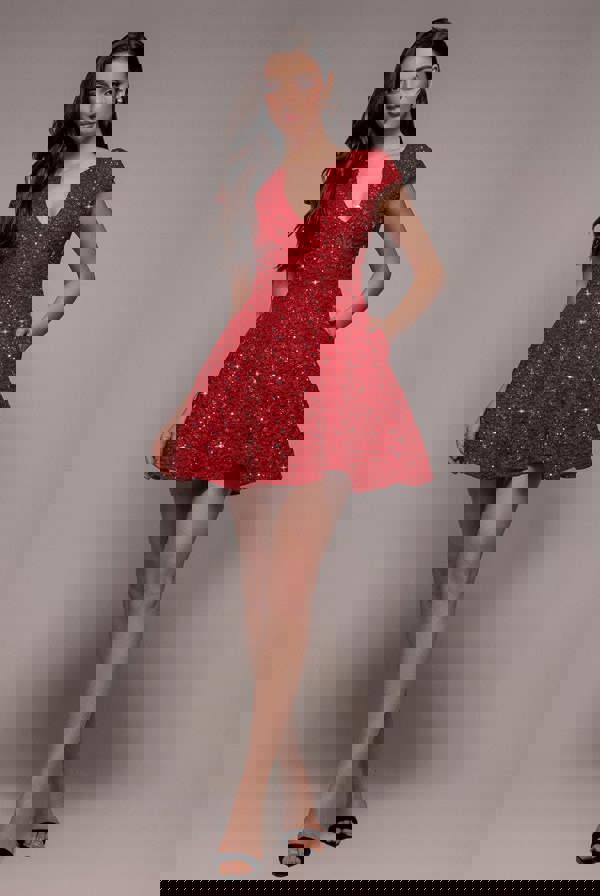 Bead Embellished Jacquard Skater Mini Dress - Red DR4785