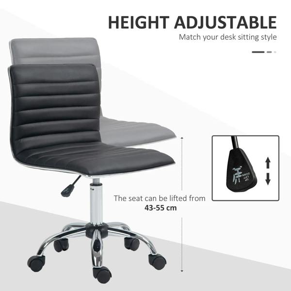 Black armless swivel task chair with faux leather seat and chrome pedestal base, angled view.