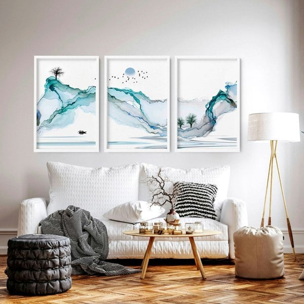 Art print set of 3 | Japanese Teal wall art for living room