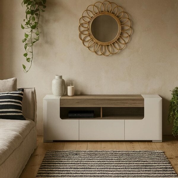 Wyld Haus Porto 140cm Gloss White TV Cabinet with Oak Detail 2 Doors and 1 Drawer