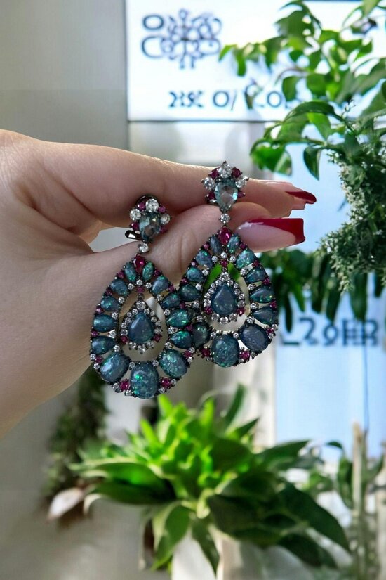 Latelita Paloma Green Opal Drop Earrings Oxidised