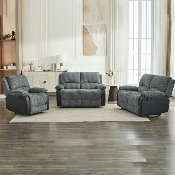 Furniture One Manual Reclining Sofa Set, Corduroy Fabric Recliner Sectional Sofa Suite-Adjustable Backrest and Footrest, Jumbo Cord Fabric Recliner