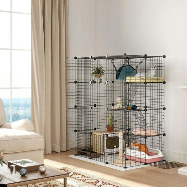 Black four-tier cat cage with hammock, ramps, and multiple doors