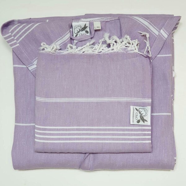 Cotton and Olive SET: Tassel Unisex Hammam Robe + Bath Sheet Set - Lavender with White Stripes