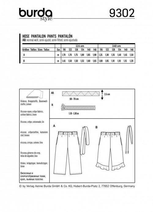 Burda Sewing Pattern 9302 Trousers For Kids, 116cm-146cm - Easy