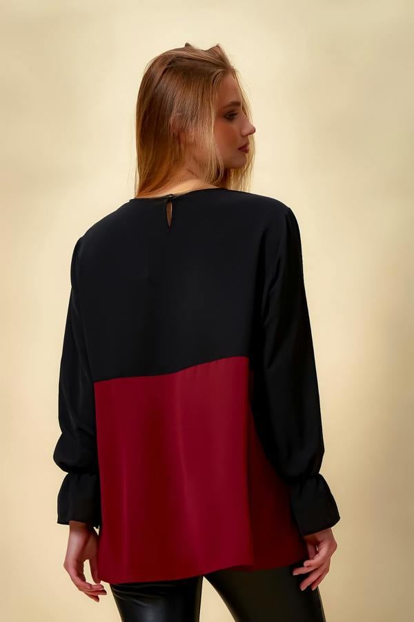 Hoxton Gal Colour Block Blouse in Black and Burgundy