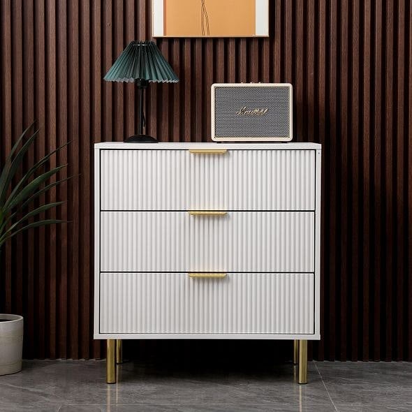 MMT Furniture Designs White Gloss Chest of Drawers, Gold Handles & Legs, 3 Drawer