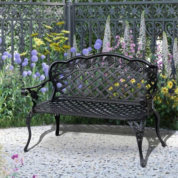 Garden Bench, Cast Aluminium, 107Lx58Wx85H cm-Black - Black