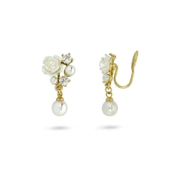 Gold Trip White Rose Pearl Drop Clip On Earrings