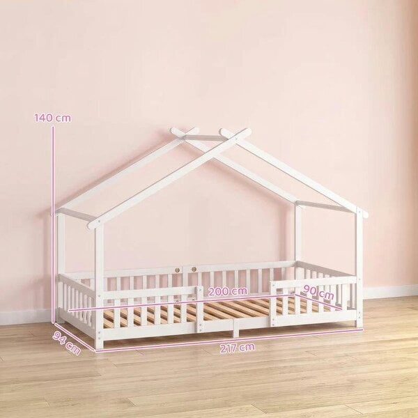 Wooden Kids House Single Bed Frame, Solid Pine Wood Toddler Bed with Dual Guardrails for Children, Boys, Girls, White