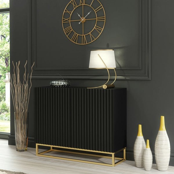 Mex Furniture Graceful Black Sideboard with Fluted Fronts & Gold Legs – 100cm Storage Unit