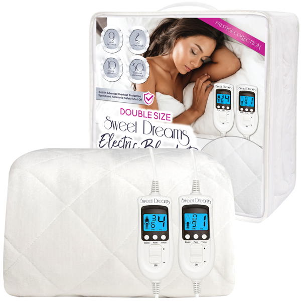 Sweet Dreams Electric Blanket Double Size - Plush Fleece Quilted - 10 Timer & 9 Heat Settings - Overheat Protection
