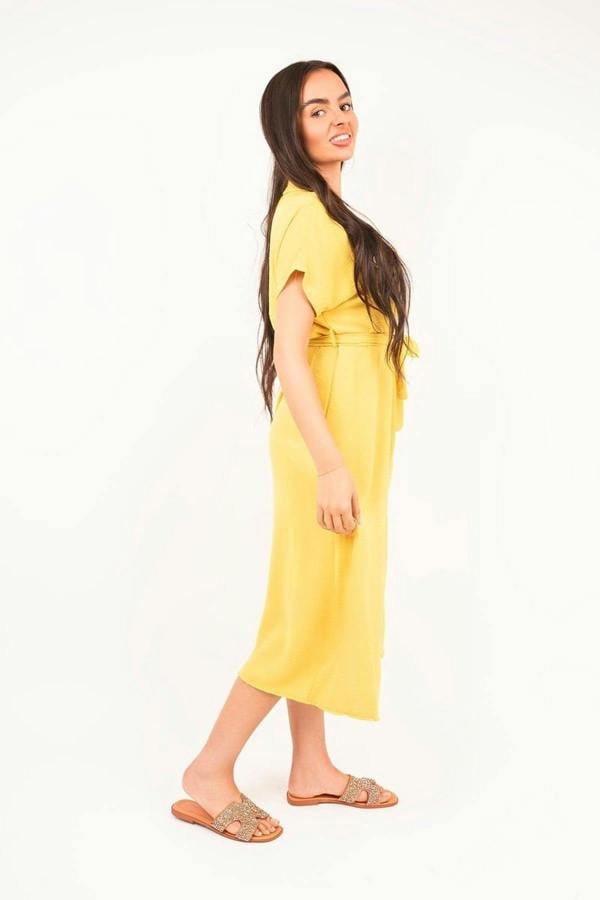 Annie Collared Button Down Short Sleeve Tie Waist Midi Dress - Yellow