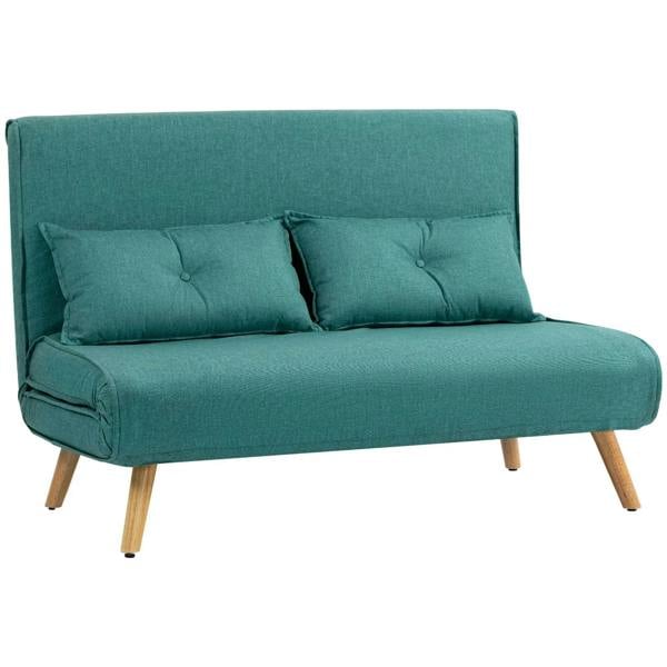 Green linen-look two-seater sofa bed with tufted back cushions and wooden legs