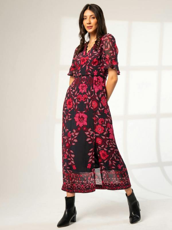 Rose & Nancy Miriam Red Black Mirror Floral Maxi Dress