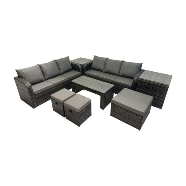 Fimous Rattan Garden Outdoor Furniture Set 3 Seater Sofa Coffee Table with 3 Footstools 2 Side Tables Dark Grey Mixed