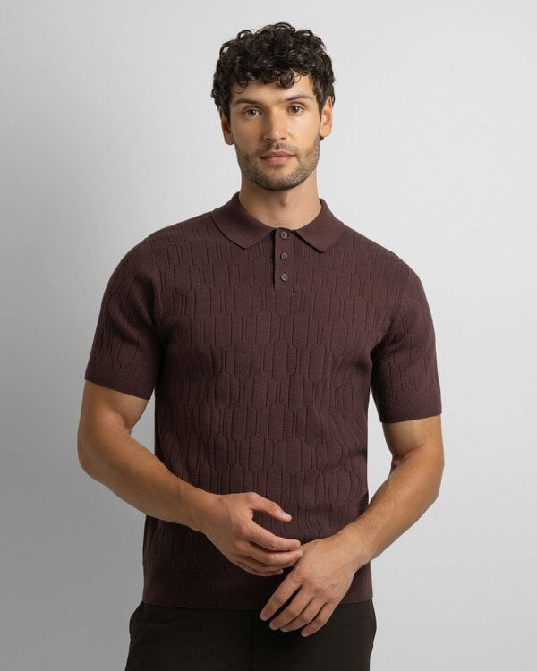 Steel & Jelly Tarvin - Geo Texture Knitted Polo Shirt - Burgundy