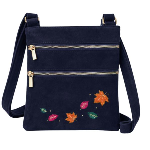 Fores Collection Faux Suede Crossbody Bag with Stitched Appliqué Leaf Design