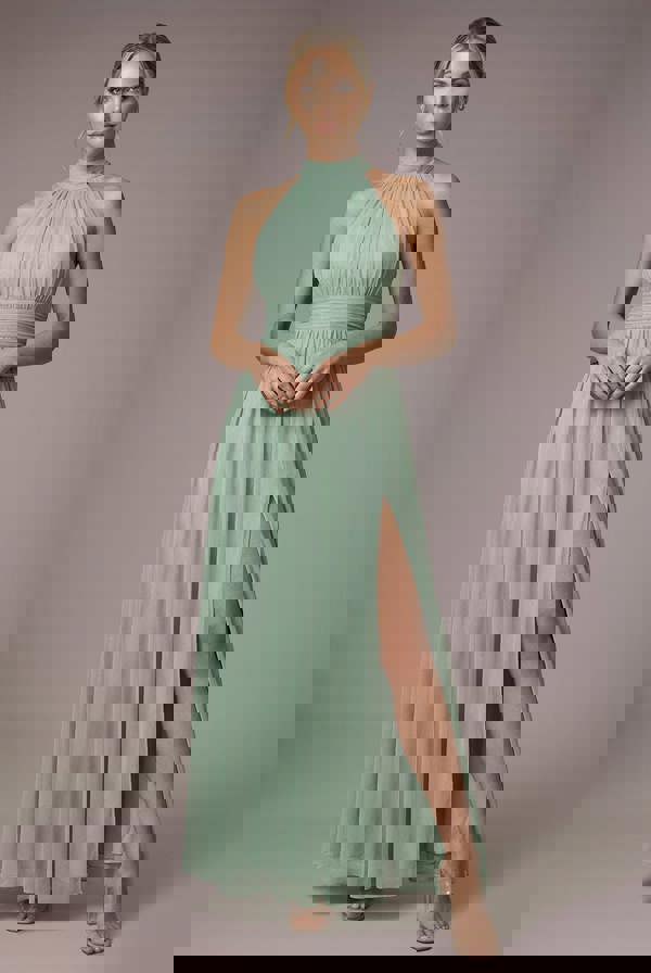 Halter Neck Mesh Tie Maxi Dress - Dusty Sage DR3904