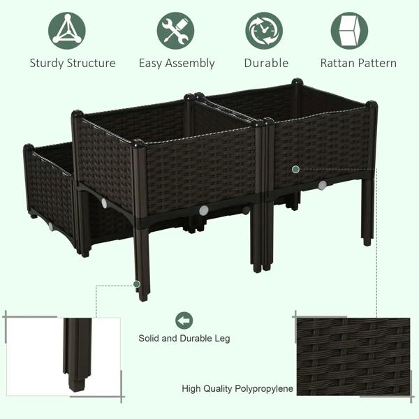 Brown raised garden planter box set of 4 with rattan-pattern sides and sturdy legs