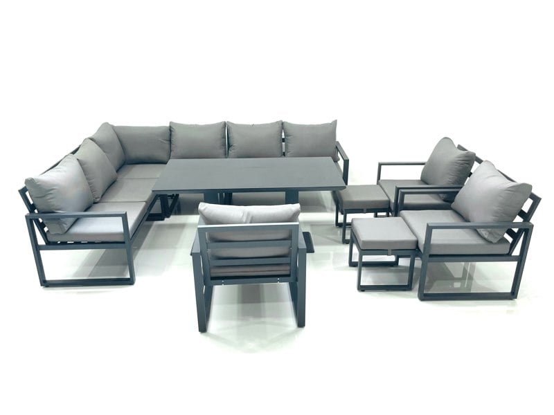 Fimous Aluminium Outdoor Garden Furniture Set Corner Sofa 3 Chair 2 Small Footstool Adjustable Rising Lifting Dining Table Sets Dark Grey