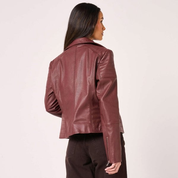 Barneys Originals Women's Burgundy Leather Ribbed Asymmetric Biker Jacket